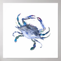 Blauwe Waterverf krab Poster