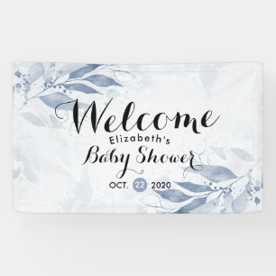 Blauwe Waterverf laat Floral Baby shower Welkom Spandoek