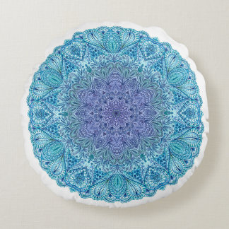 Blauwe Waterverf Mandala Rond Kussen
