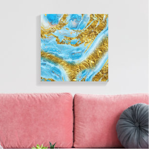 Blauwe Waterverf marmer en goudolie Canvas Afdruk