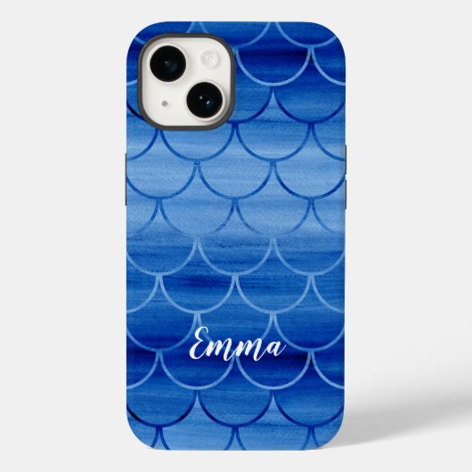 Blauwe Waterverf Mermaid Scale Patroon Aangepaste  Case-Mate iPhone Case (Achterkant)