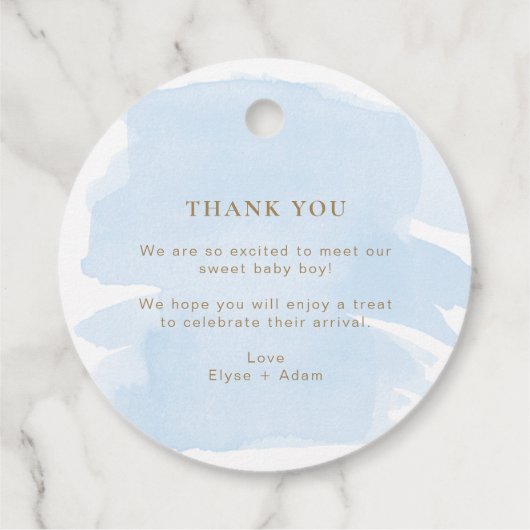 Blauwe Waterverf met liefdesBaby shower Bedankjes Labels (Achterkant)