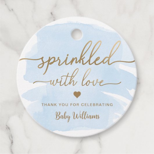Blauwe Waterverf met liefdesBaby shower Bedankjes Labels (Voorkant)