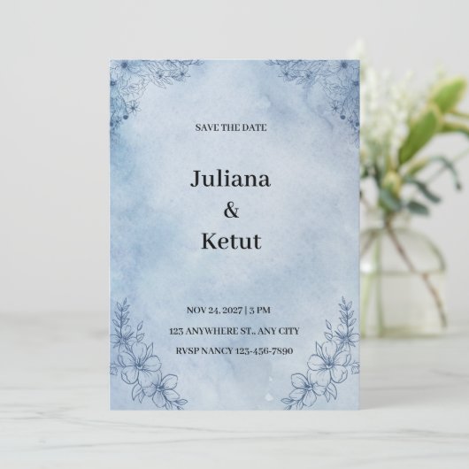 Blauwe Waterverf met rand Save the Date Invitation Kaart (Staand voorkant)