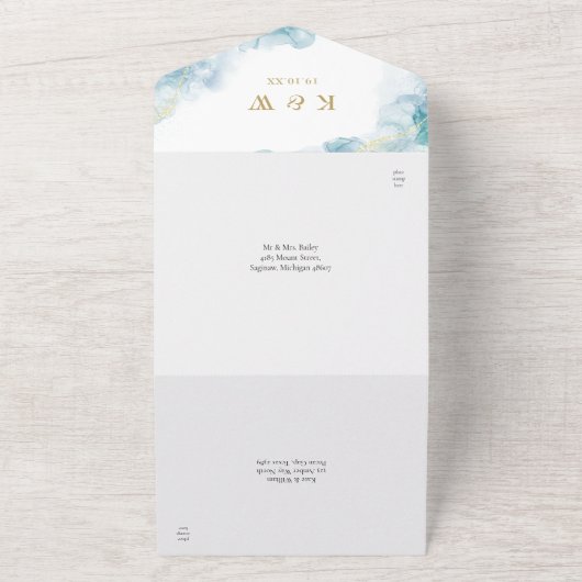 Blauwe Waterverf Moderne Gouden Bruiloft All In One Uitnodiging (Buitenkant)