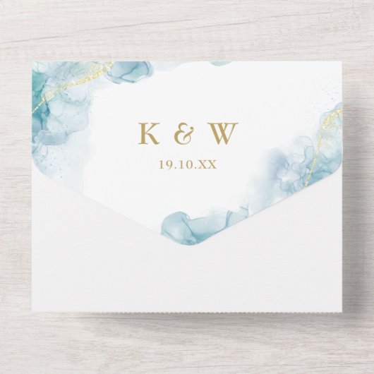 Blauwe Waterverf Moderne Gouden Bruiloft All In One Uitnodiging (Achterkant)