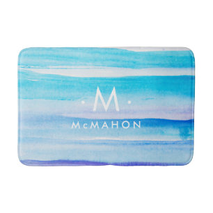 Blauwe Waterverf monogram & familienaam Badmat
