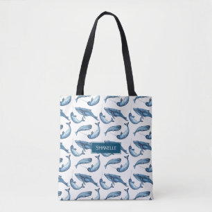 Blauwe Waterverf Monogrammed Whale en Narwhal Draagtas