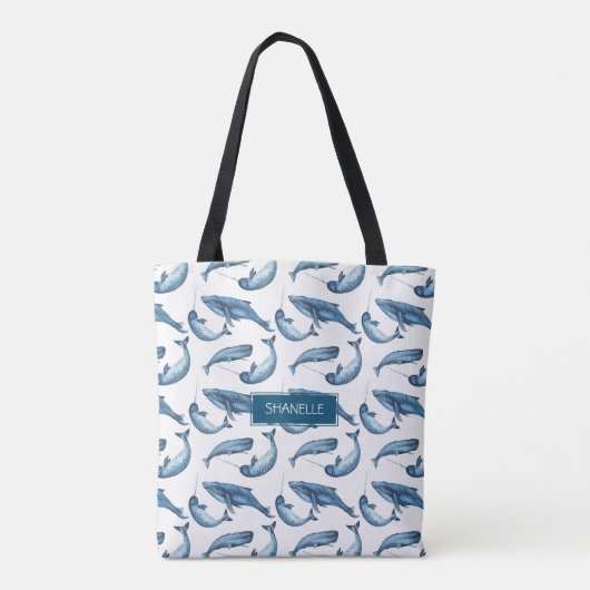 Blauwe Waterverf Monogrammed Whale en Narwhal Draagtas (Achterkant)