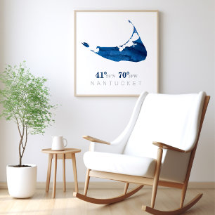 Blauwe Waterverf Nantucket-kaart met coördinaten Poster