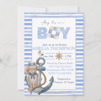 Blauwe waterverf nautische beer anker baby shower kaart