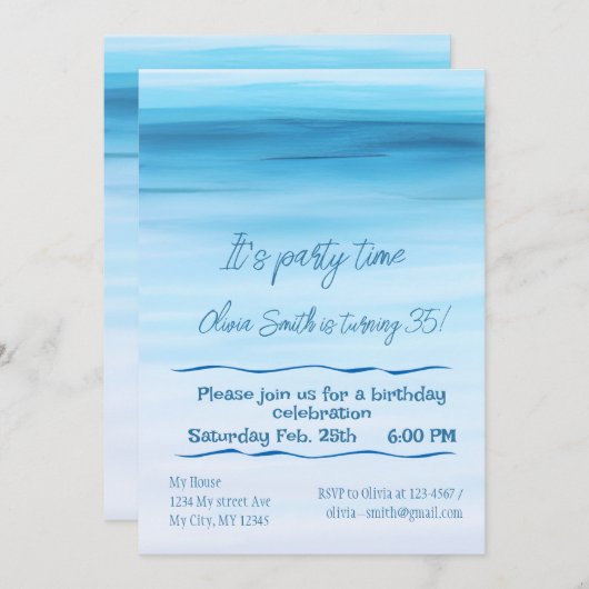 Blauwe waterverf oceaan verjaardag minimalistisch  kaart (Voorkant / Achterkant)