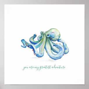 Blauwe Waterverf Octopus Art Poster