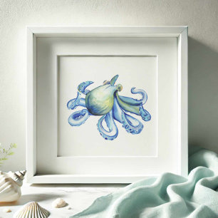 Blauwe Waterverf Octopus Poster