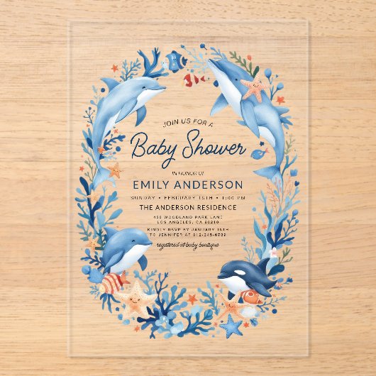 Blauwe Waterverf Onder-het-Zee Baby shower Acryl Uitnodigingen (Voorkant)
