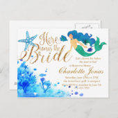 Blauwe waterverf onderzeese zoete zeemeermaïde gou uitnodiging briefkaart (Voorkant / Achterkant)