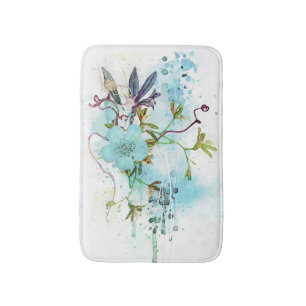 Blauwe Waterverf Pastel Floral Badmat