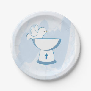 Blauwe Waterverf penseel Slag Dove Boy Baptisme Papieren Bordje