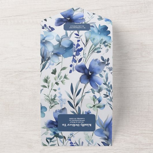 Blauwe Waterverf Periwinkle Wildflower Bruiloft All In One Uitnodiging (Buitenkant)