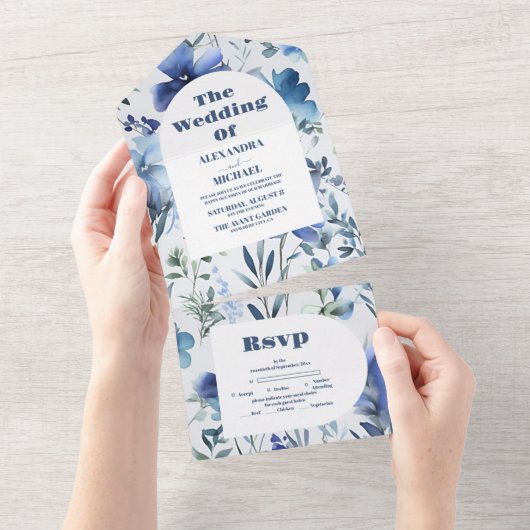 Blauwe Waterverf Periwinkle Wildflower Bruiloft All In One Uitnodiging (Afscheurbaar)