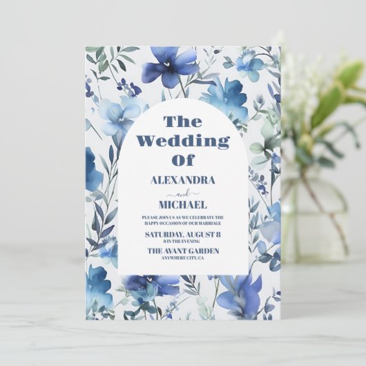 Blauwe Waterverf Periwinkle Wildflower Bruiloft Kaart (Staand voorkant)