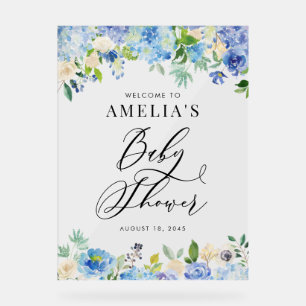 Blauwe Waterverf Roos en Hydrangea Baby shower Acryl Bord