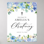 Blauwe Waterverf Roos en Hydrangea doopsel Poster (Voorkant)