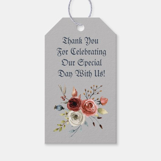 Blauwe Waterverf roze rozen en bladeren Cadeaulabel (Voorkant)