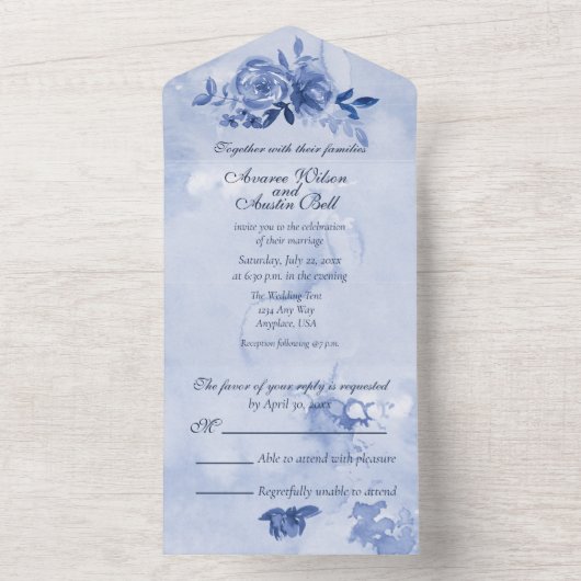 Blauwe Waterverf Rozen All In One Uitnodiging (Binnen)