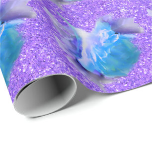 Blauwe waterverf Rozen, romantische paarse glitter Cadeaupapier