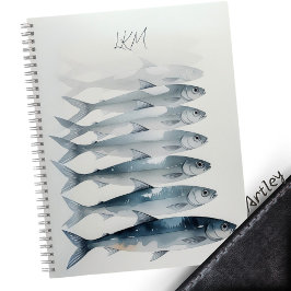 Blauwe Waterverf Sardine Art Custom Monogram Naam Notitieboek