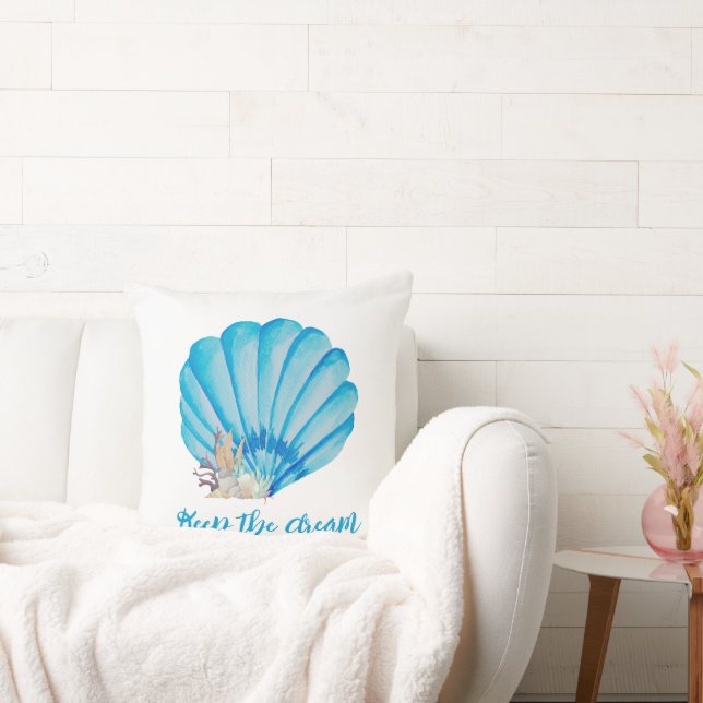 Blauwe Waterverf Seashell, Inspirerend Citaat Kussen (Bank)