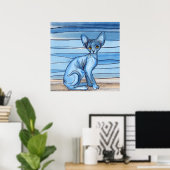 Blauwe Waterverf Sphynx Cat Poster (Thuiskantoor)