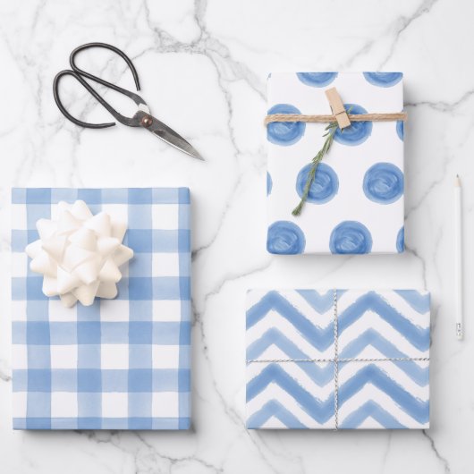 Blauwe Waterverf Stippen Gingham Wrapping Paper (Voorkant)