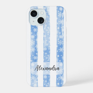 Blauwe Waterverf Strepen met Witte Sneeuwvlokken iPhone 15 Hoesje