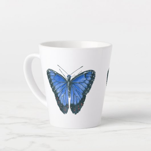 Blauwe waterverf van de Morpho-vlinder Latte Mok (Linkerhoek)