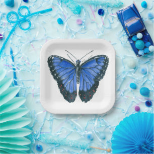 Blauwe waterverf van de Morpho-vlinder Papieren Bordje