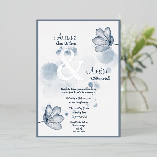 Blauwe Waterverf ventilator en zilver Ampersand Folie Uitnodiging (Staand Voorkant)