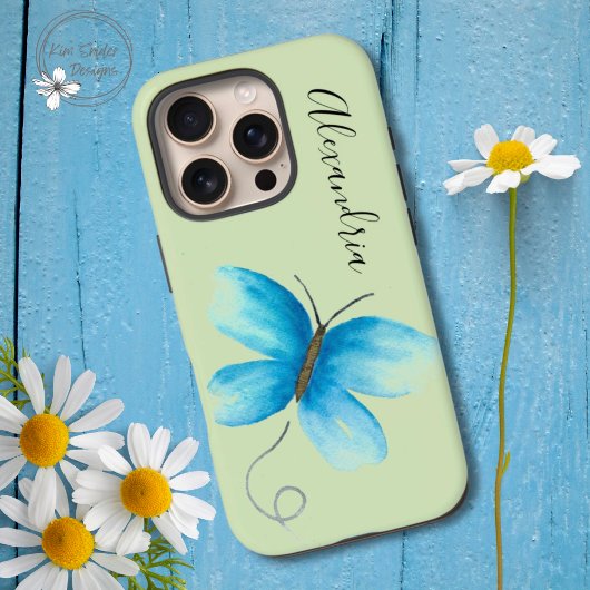Blauwe Waterverf Vlinder op Groen Gepersonaliseerd Case-Mate iPhone Case