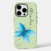 Blauwe Waterverf Vlinder op Groen Gepersonaliseerd Case-Mate iPhone Case (Achterkant)