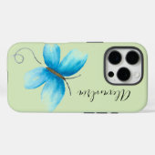 Blauwe Waterverf Vlinder op Groen Gepersonaliseerd Case-Mate iPhone Case (Achterkant (horizontaal))
