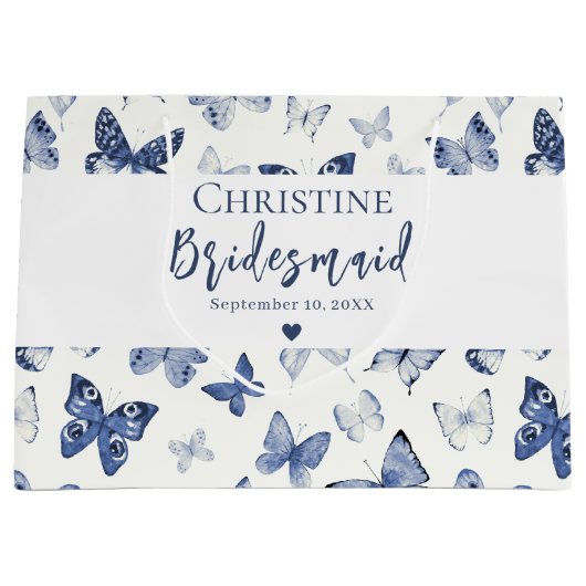 Blauwe Waterverf Vlinders Bruidsmeisje Bedankt Groot Cadeauzakje (Voorkant)