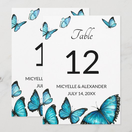 Blauwe waterverf vlinders Tafelnummer Bruiloft (Voorkant / Achterkant)