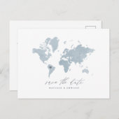 Blauwe waterverf wereldkaart bruiloft aankondiging (Voorkant / Achterkant)