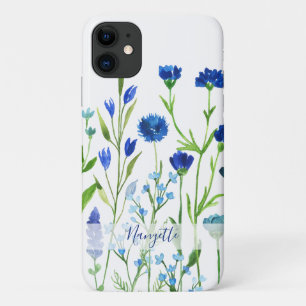 Blauwe Waterverf Wildbloemen met naam iPhone 11 Hoesje