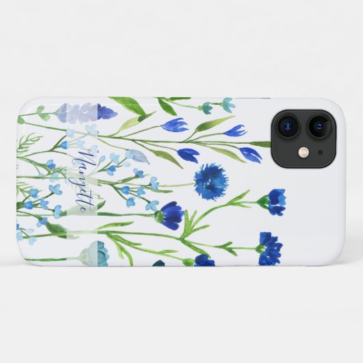 Blauwe Waterverf Wildbloemen met naam Case-Mate iPhone Case (Achterkant (horizontaal))