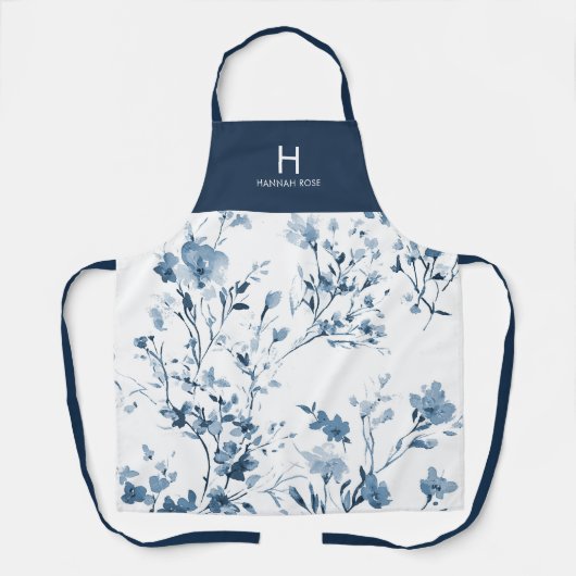 Blauwe Waterverf Wilde Bloem Moderne Naam Monogram Schort (Voorkant)