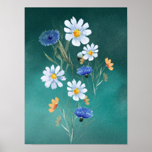 Blauwe waterverf wilde bloem muur kunst poster