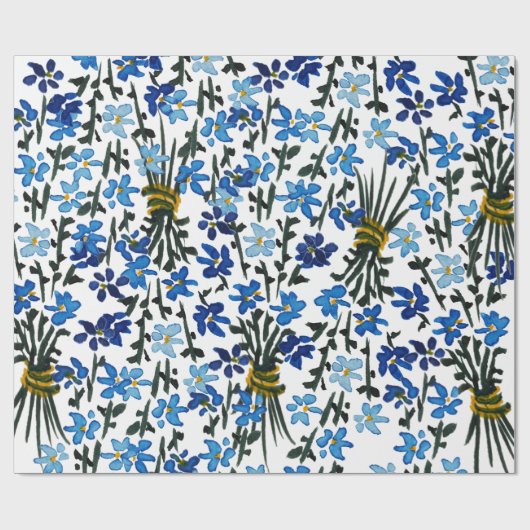 Blauwe Waterverf Wildflowers Patroon op wit Cadeaupapier (Vlak)