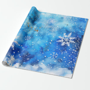 Blauwe Waterverf wintersneeuwvlokken Cadeaupapier